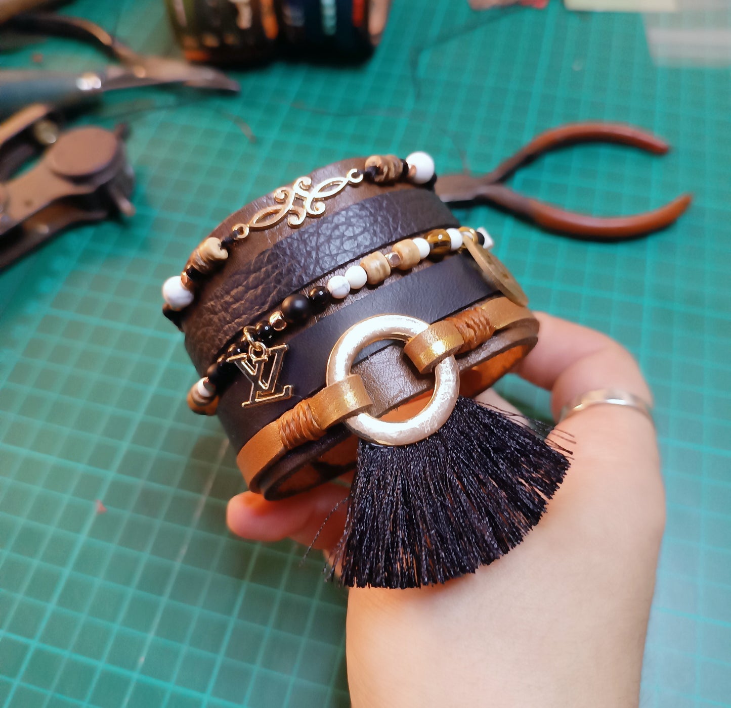 Extra Wide Black Gold Leather Cuff, Multistrand Style