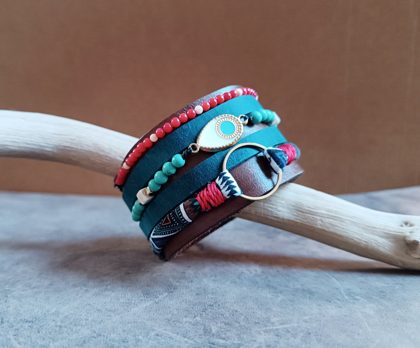 Extra Wide Ethnic Leather Cuff, Multistrand Style