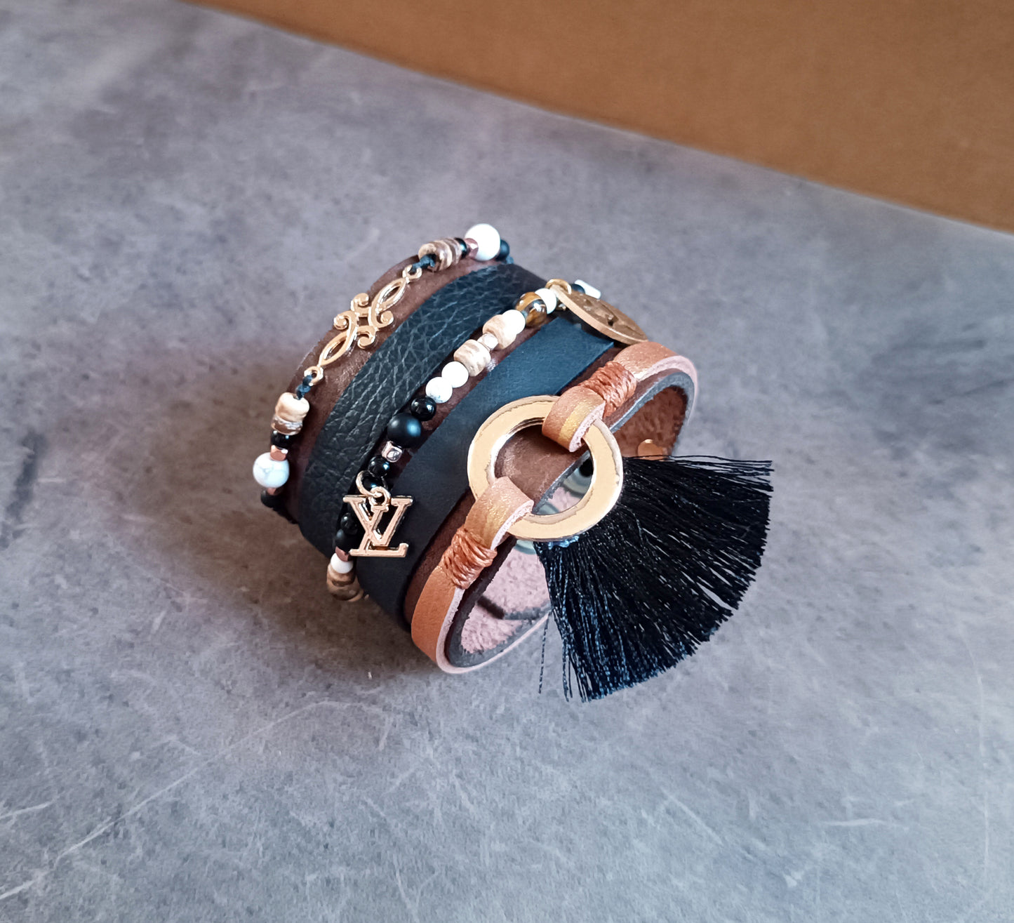 Extra Wide Black Gold Leather Cuff, Multistrand Style