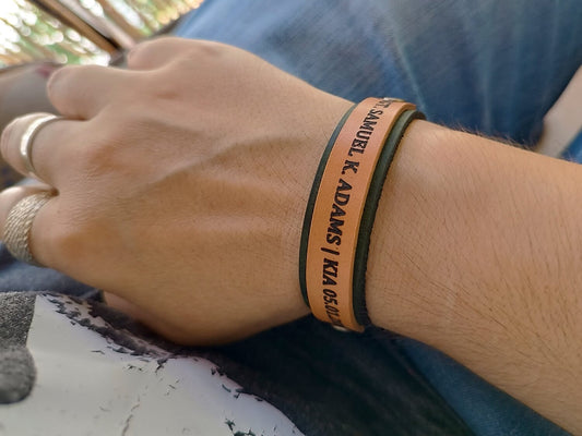 Khaki Leather Memorial Bracelet for Fallen Soldier, worn on a woman's wrist