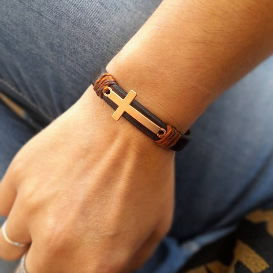 Minimalist cross bracelet on wrist, quiet faith jewelry