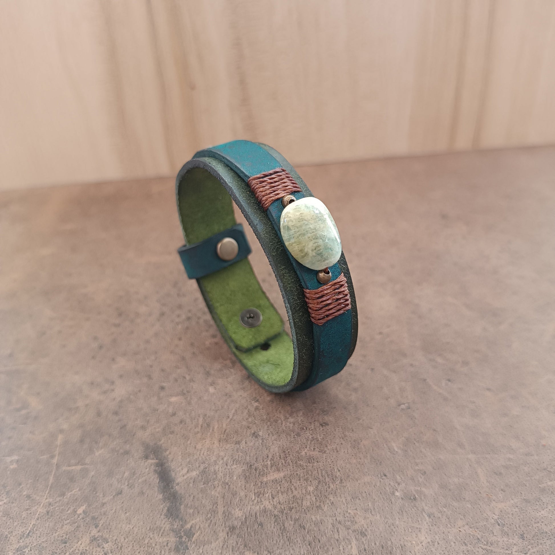 Moss green and petrol blue leather bracelet with Bowenite stone centerpiece