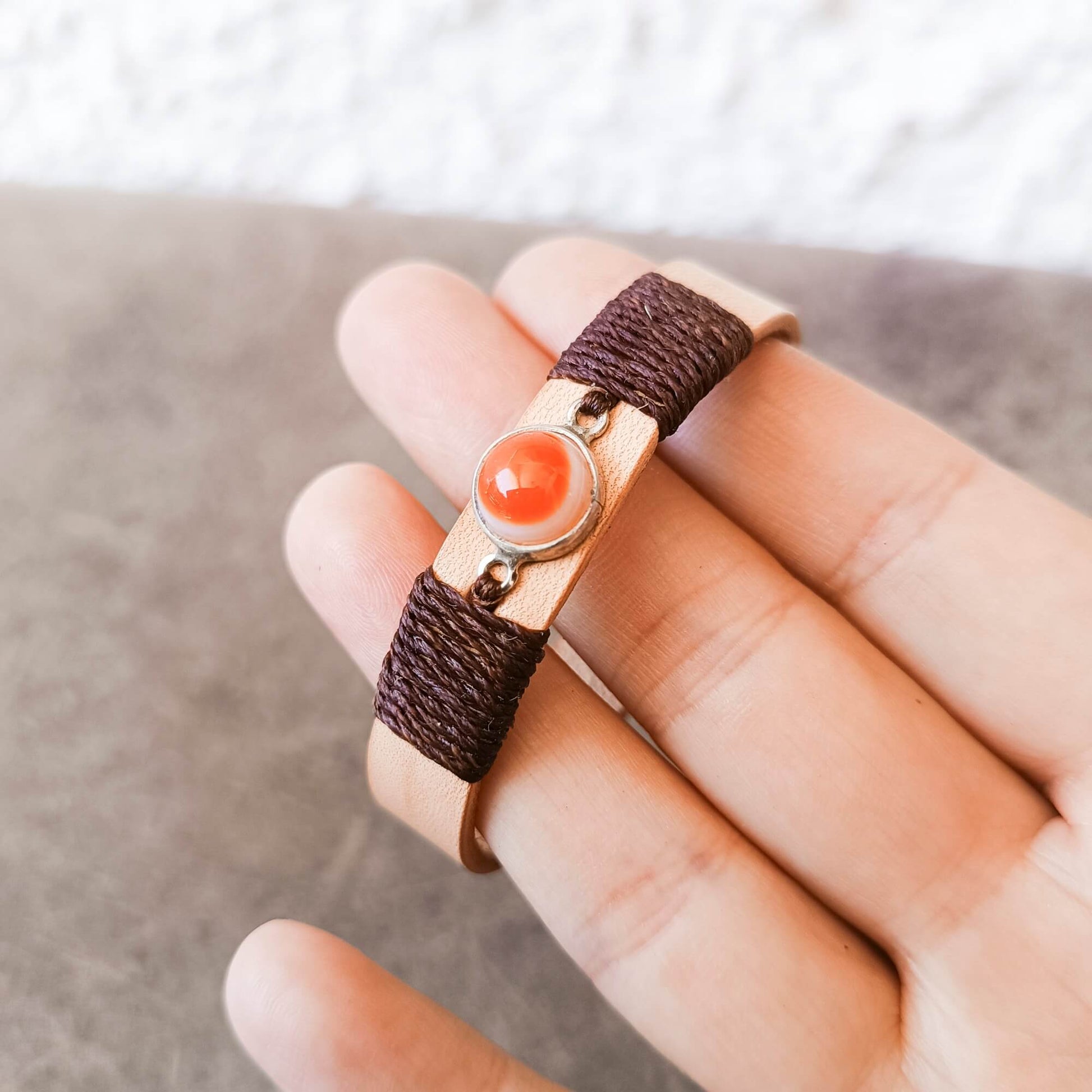 OOAK Carnelian Agate bracelet held on hand close up shot