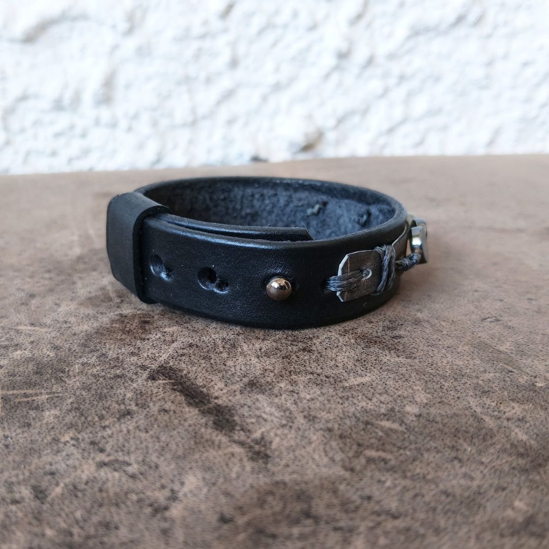 Black leather bracelet with silver spiral and semi precious beads backside view