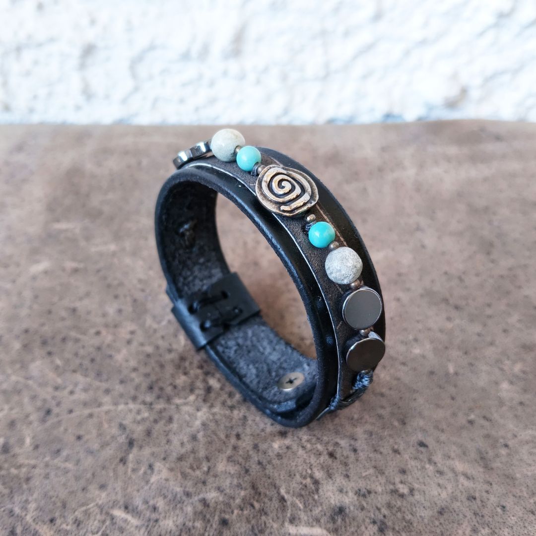 Black leather bracelet with silver spiral and semi precious beads angle view