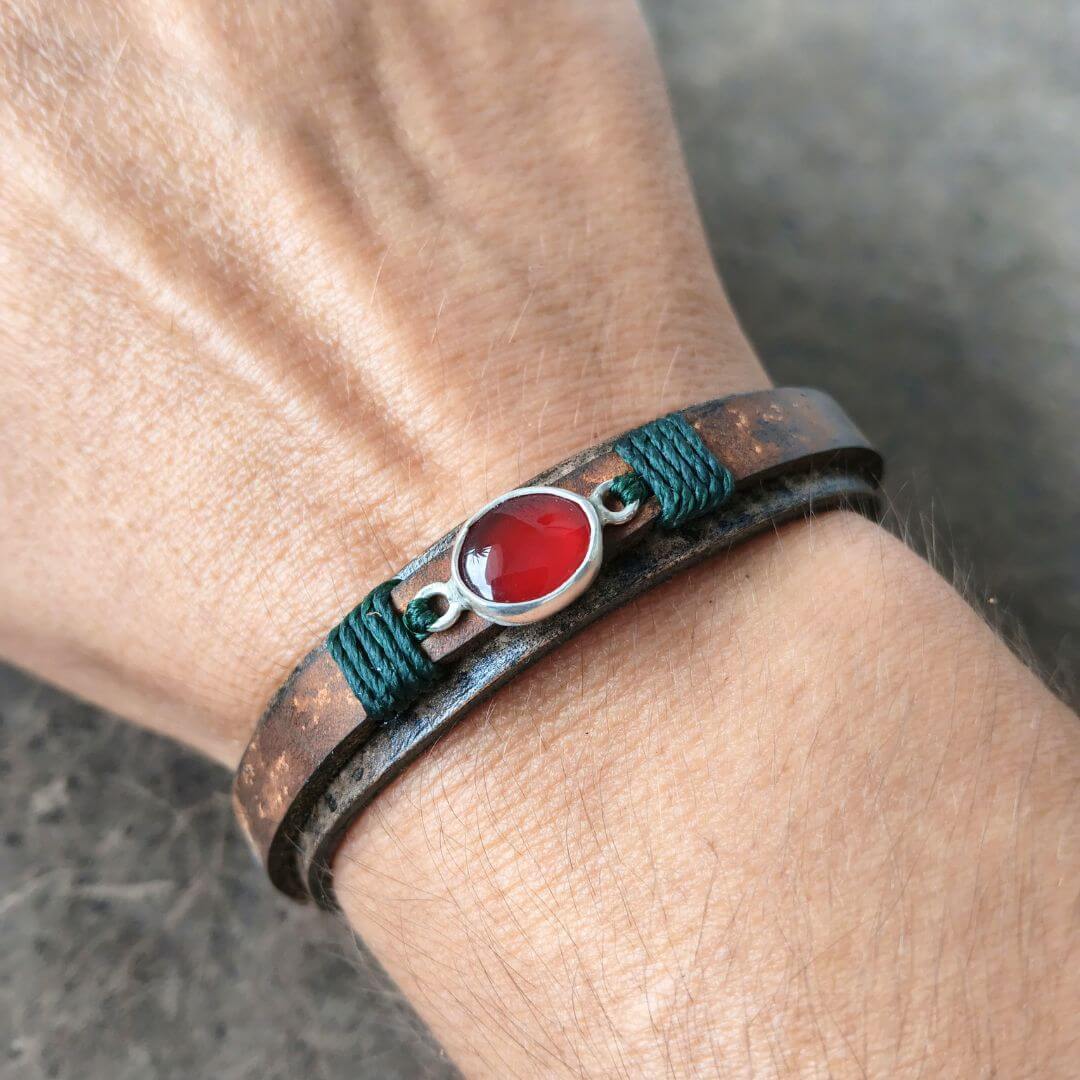Cherry Agate OOAK Leather Bracelet — Oak Brown Crazy Horse Leather