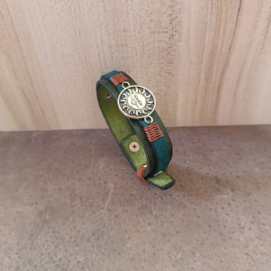 Apollo's Radiance Bracelet side view, showing its bold yet gentle style and comfortable fit. Handmade by Lucky Seven Leather.