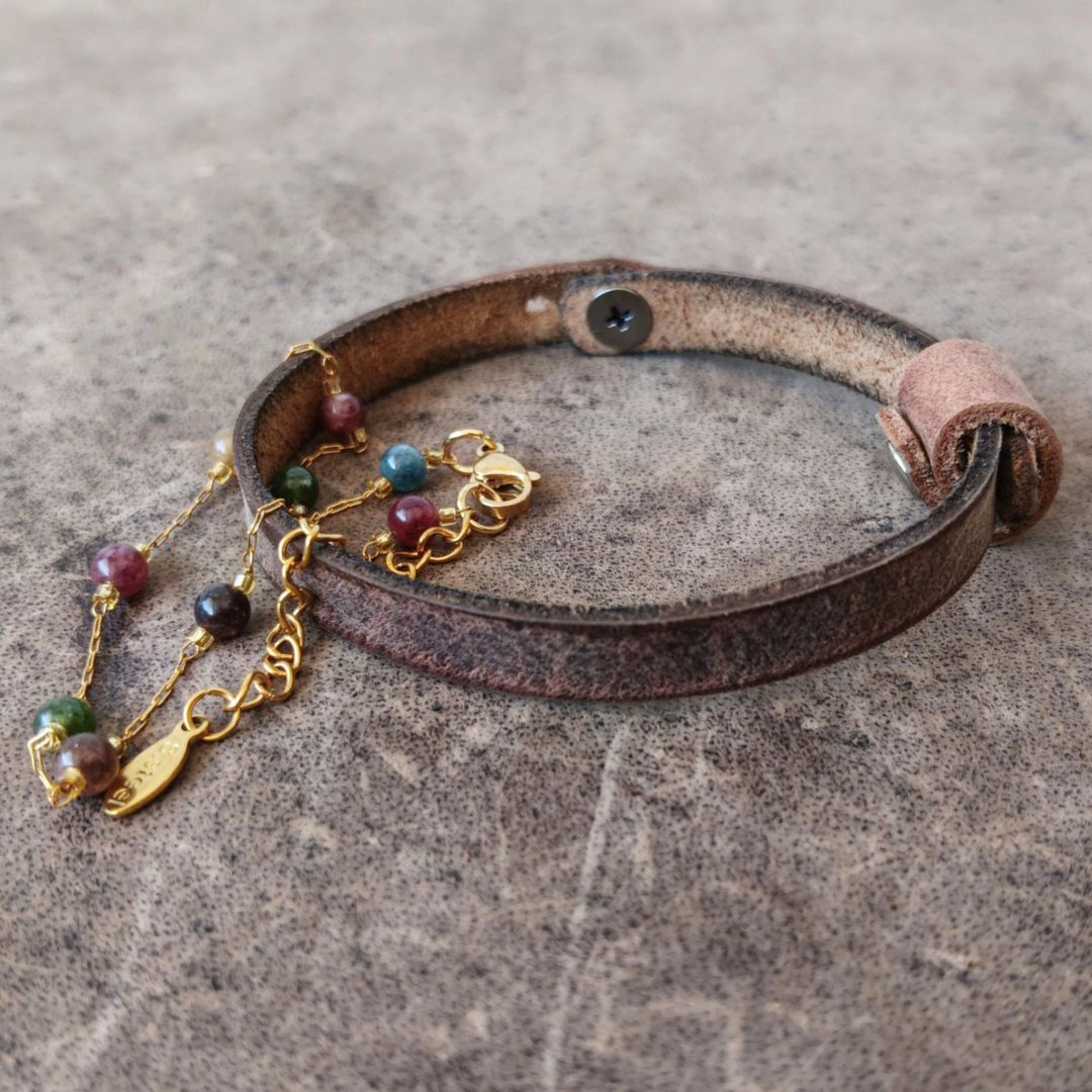 rustic brown thin leather band and gold stainless steel chain with beads