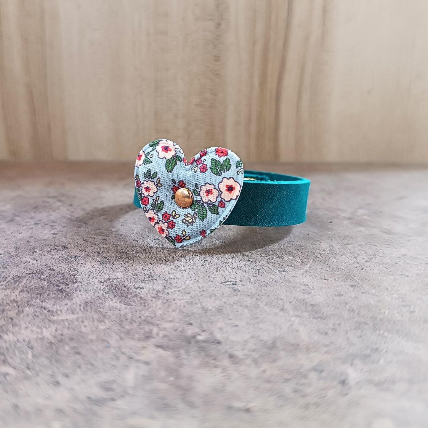 handmade leather bracelet for girls, petrol blue with light blue floral heart