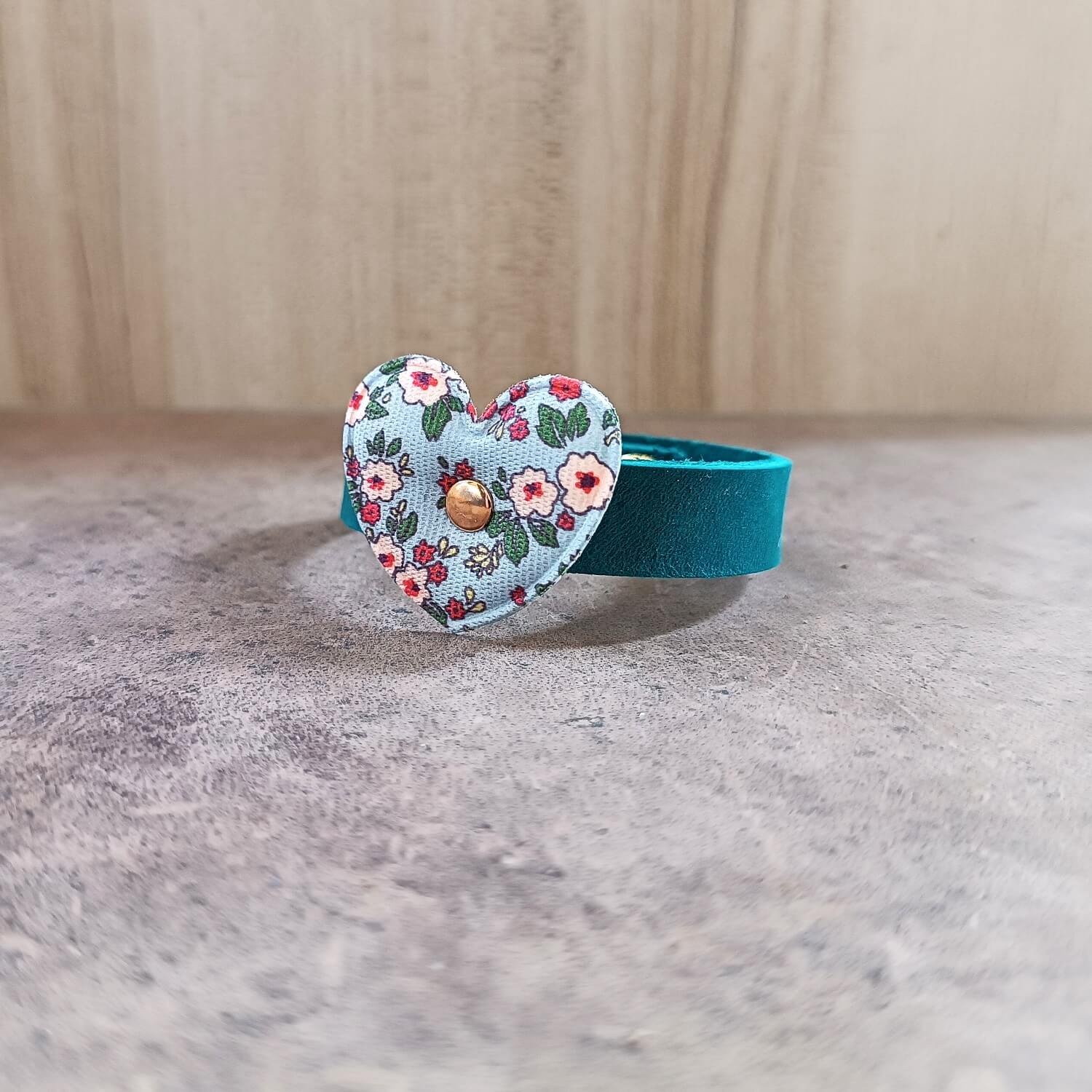 handmade leather bracelet for girls, petrol blue with light blue floral heart