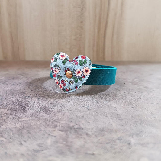 handmade leather bracelet for girls, petrol blue with light blue floral heart