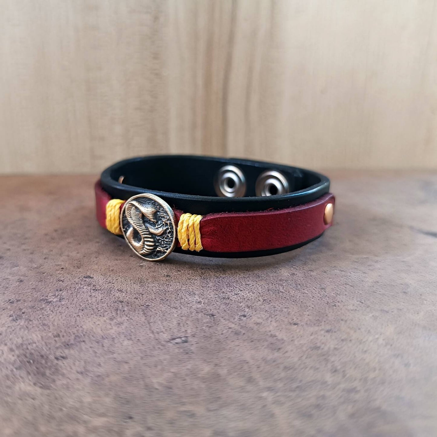 Cobra Kai inspired Leather Bracelet with Cobra Pendant angle view