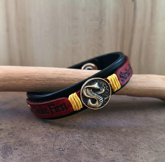 Cobra Kai inspired Leather Bracelet with Cobra Pendant and Strike First - Strike Hard Engraving