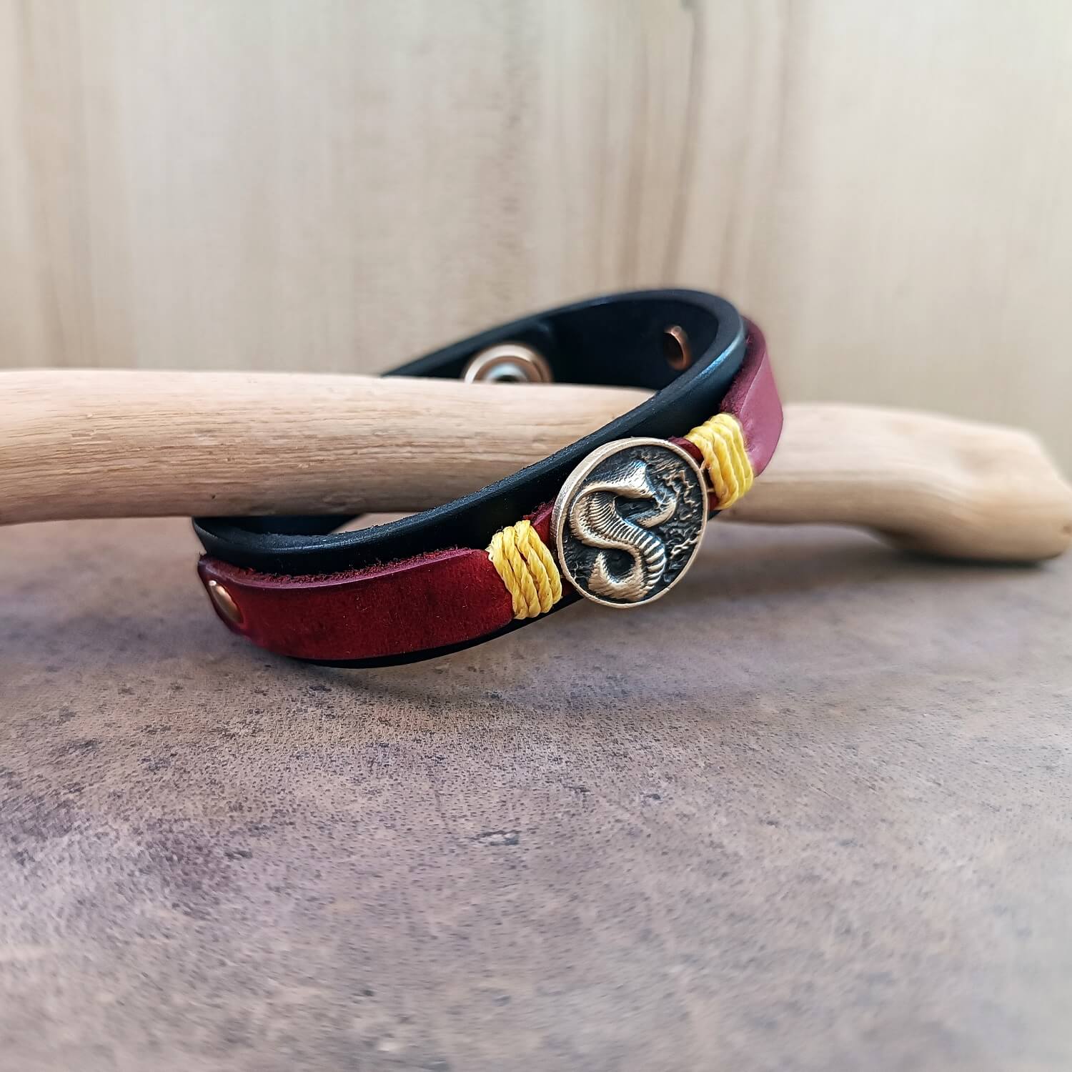 Cobra Kai inspired Leather Bracelet with Cobra Pendant side view