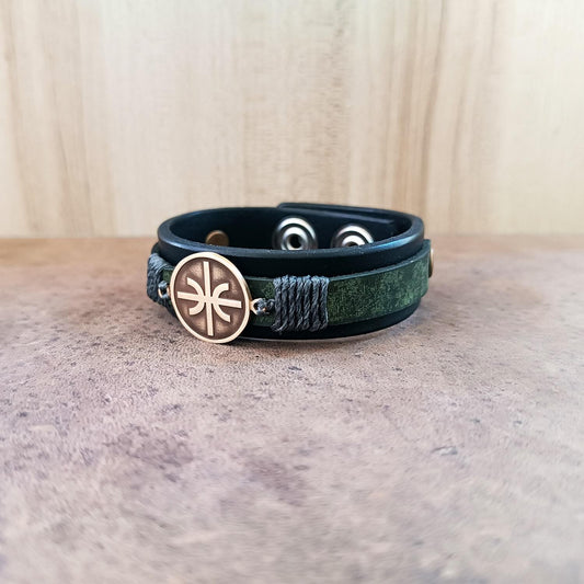 Black Green Layered Leather cuff Bracelet with Delphic Epsilon Pendant