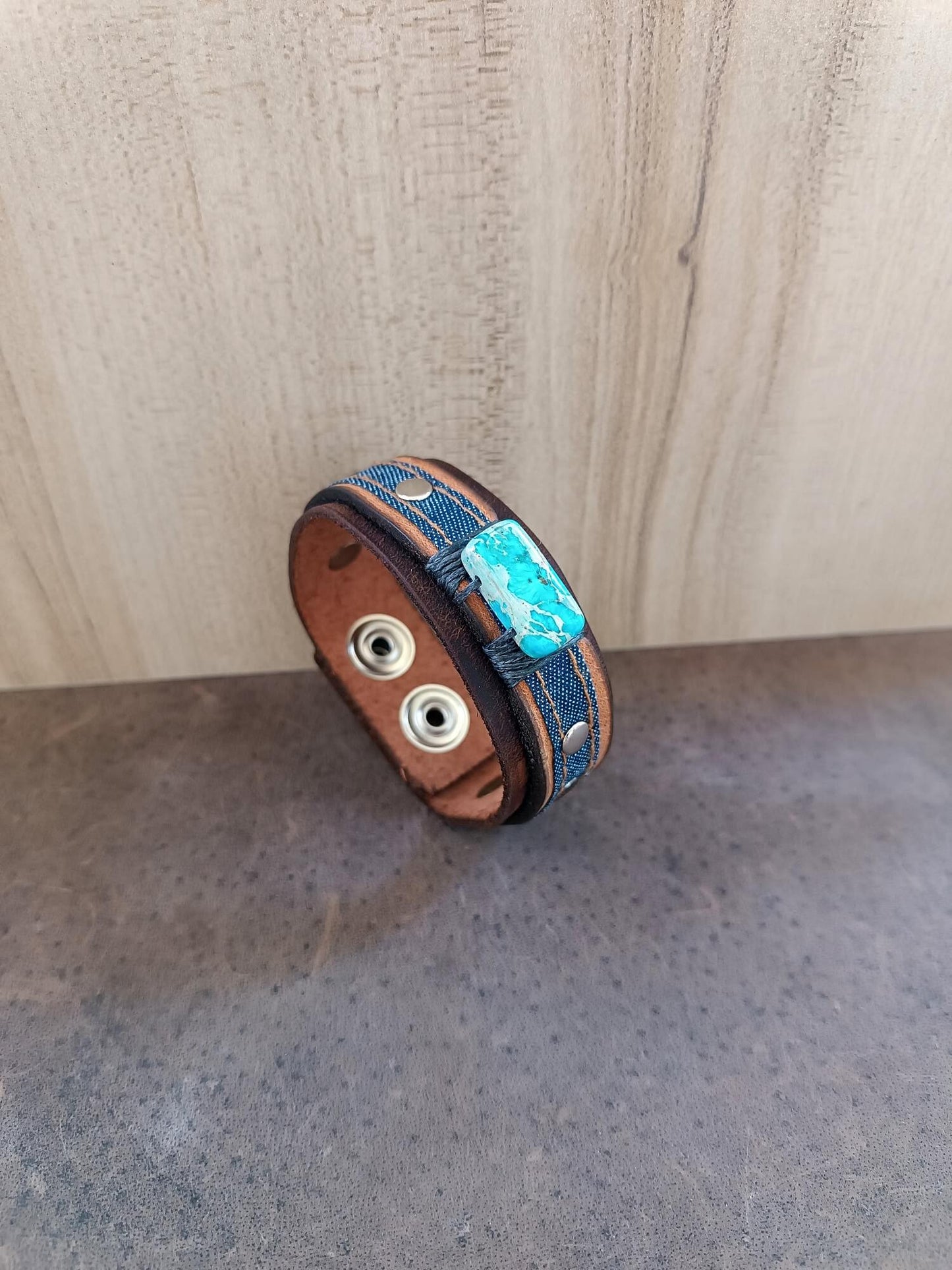 Leather bracelet with blue denim and imperial jasper stone.