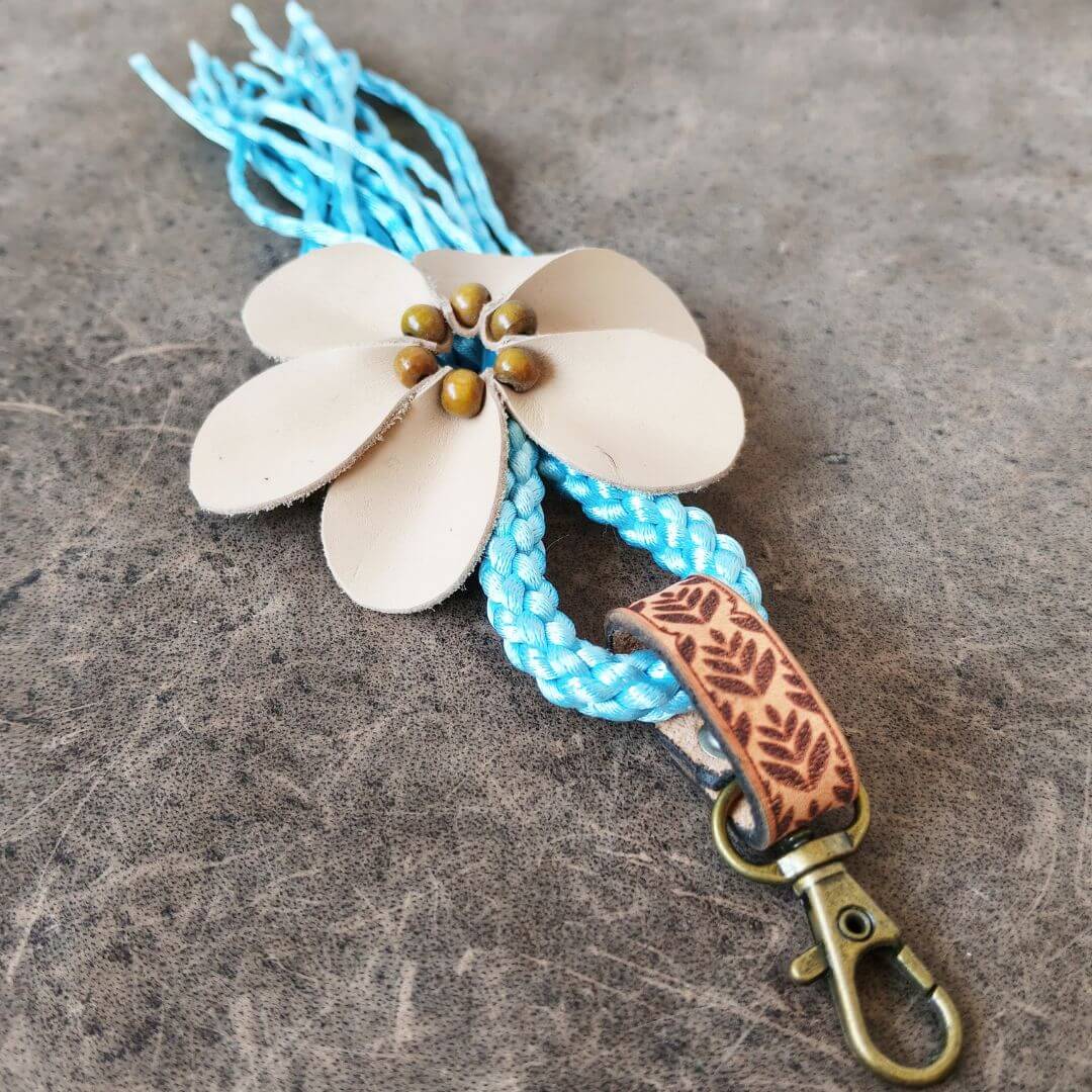 handmade fringe leather flower bag charm full view