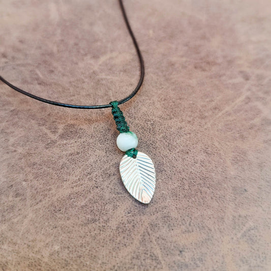 silver leaf pendant necklace with green jasper and forest green macrame spine