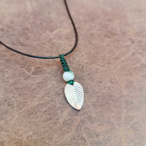 silver leaf pendant necklace with green jasper and forest green macrame spine