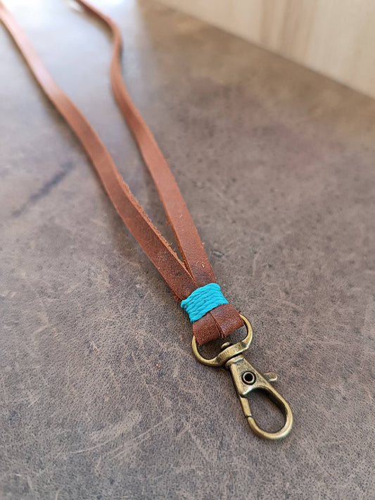 handmade brown leather lanyard close up