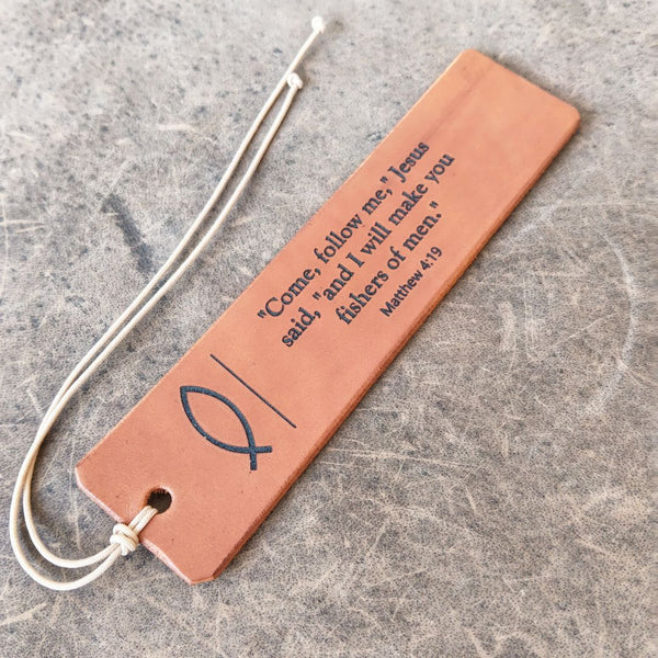brown ichthys leather bookmark full view