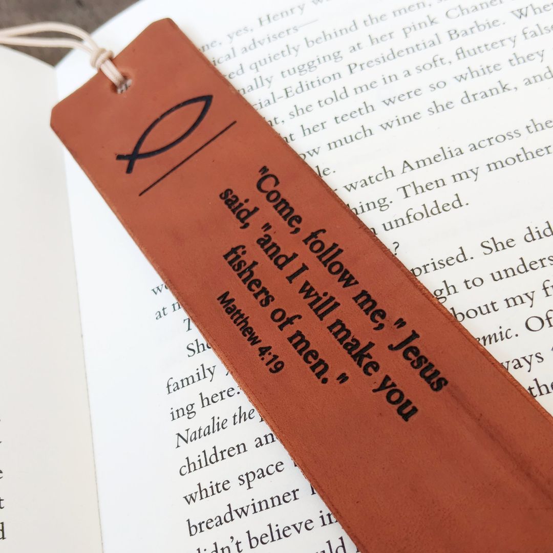ichthys leather bookmark inside a book