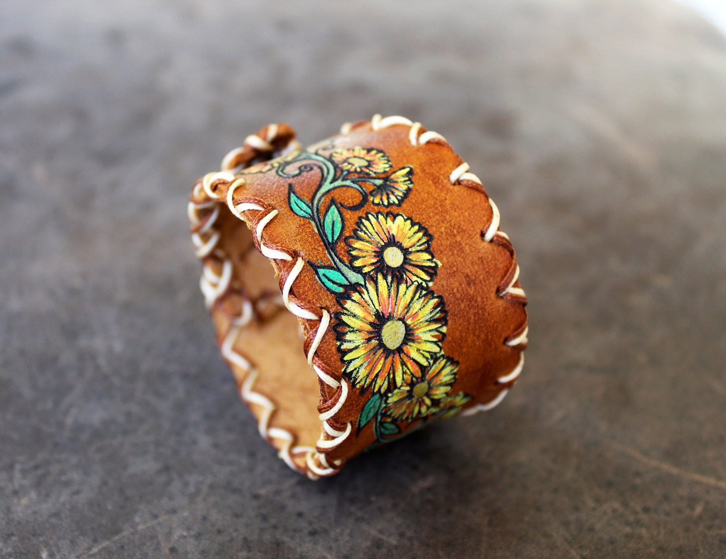 Wide Leather Cuff Bracelet with Large Hand Painted Yellow Daisies