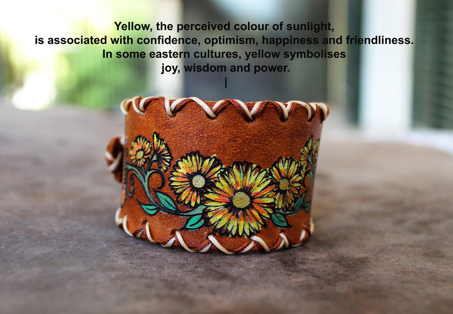 Wide Leather Cuff Bracelet with Large Hand Painted Yellow Daisies