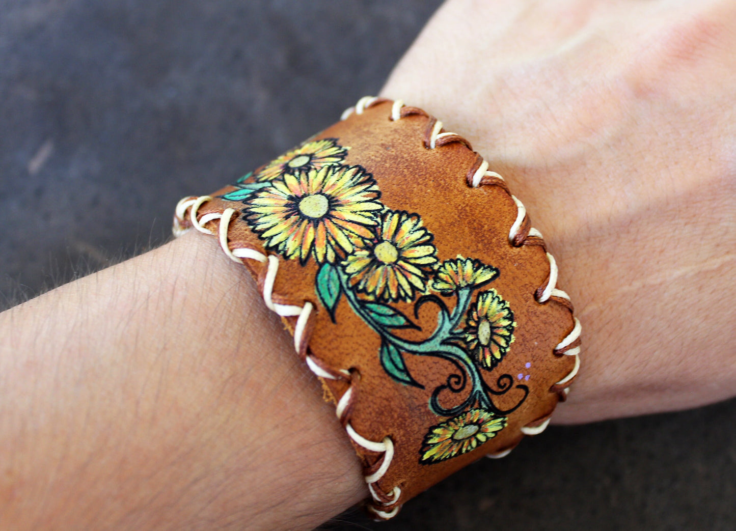 Wide Leather Cuff Bracelet with Large Hand Painted Yellow Daisies