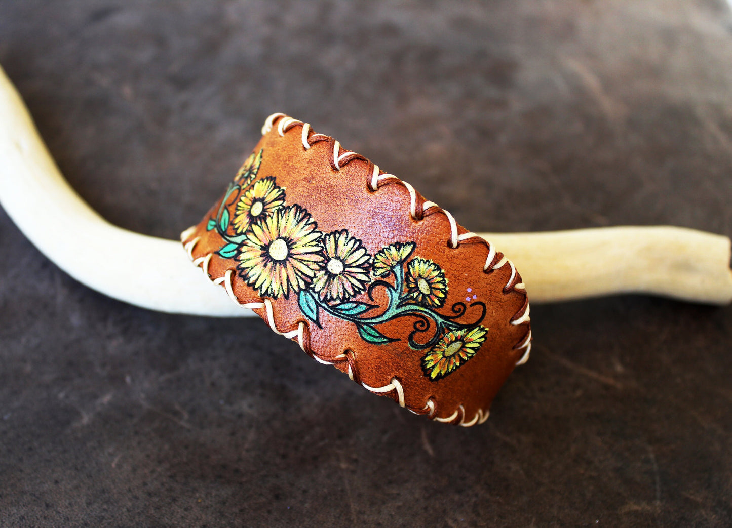 Wide Leather Cuff Bracelet with Large Hand Painted Yellow Daisies