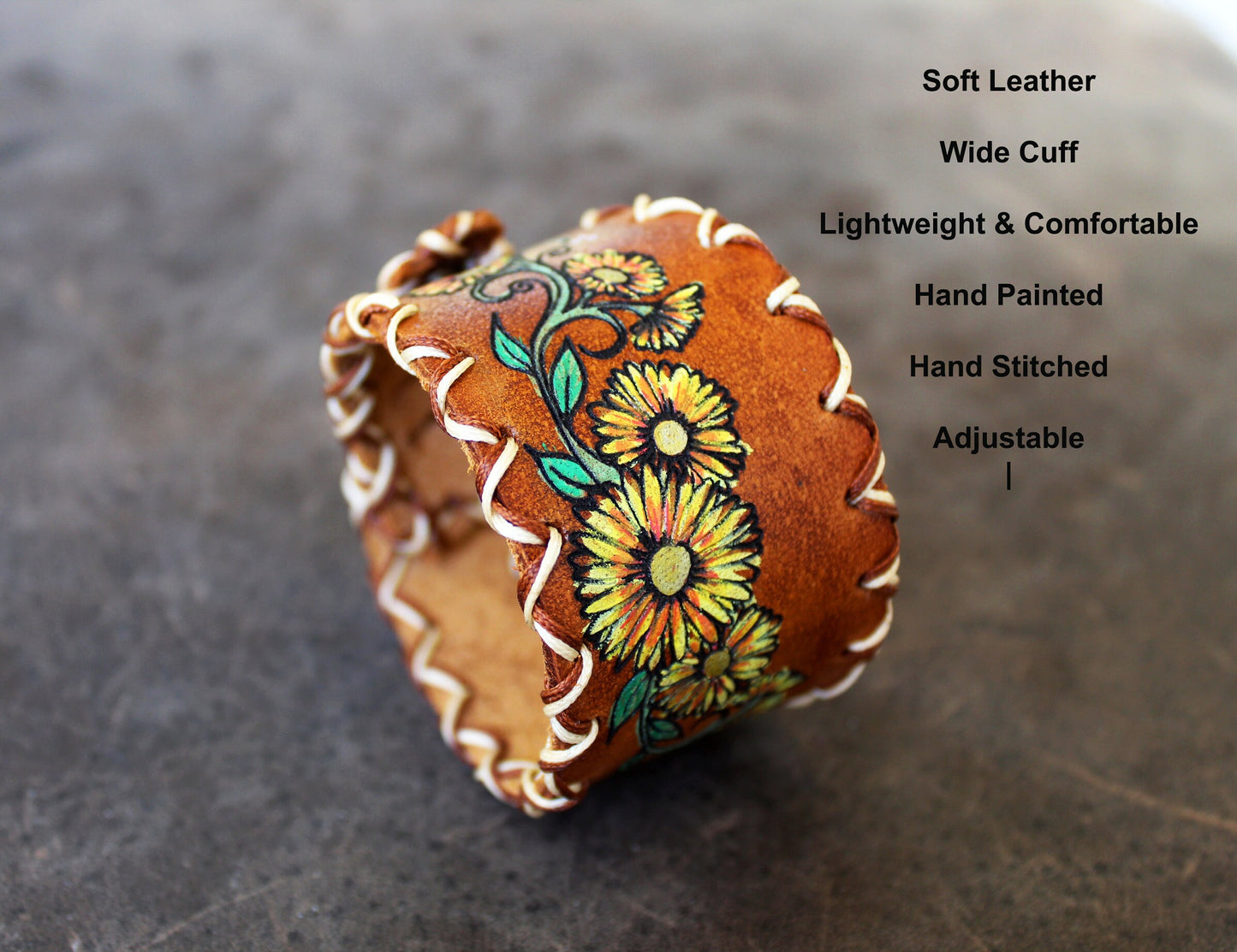 Wide Leather Cuff Bracelet with Large Hand Painted Yellow Daisies