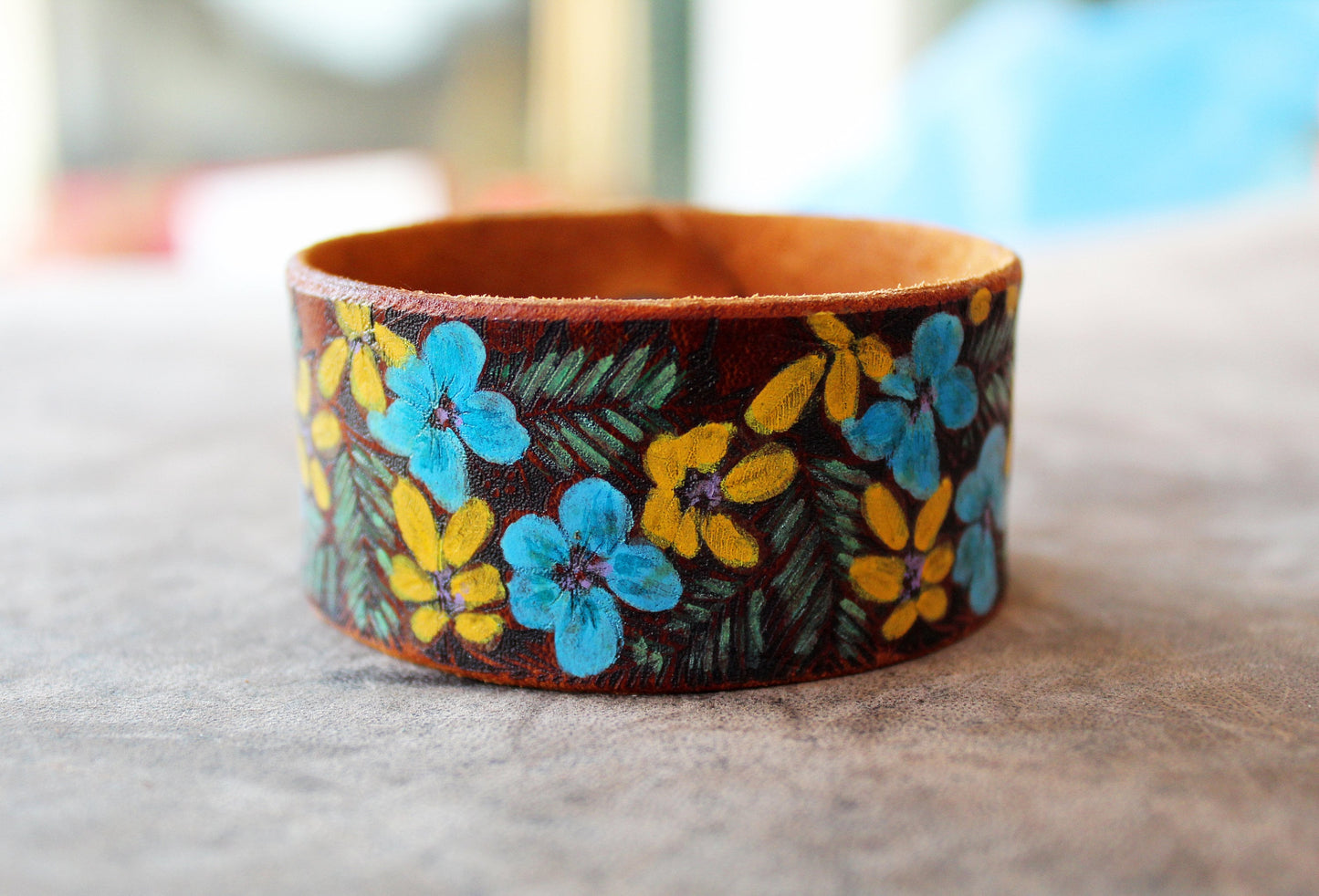 Hand Painted Tropical Flowers Leather Bracelet