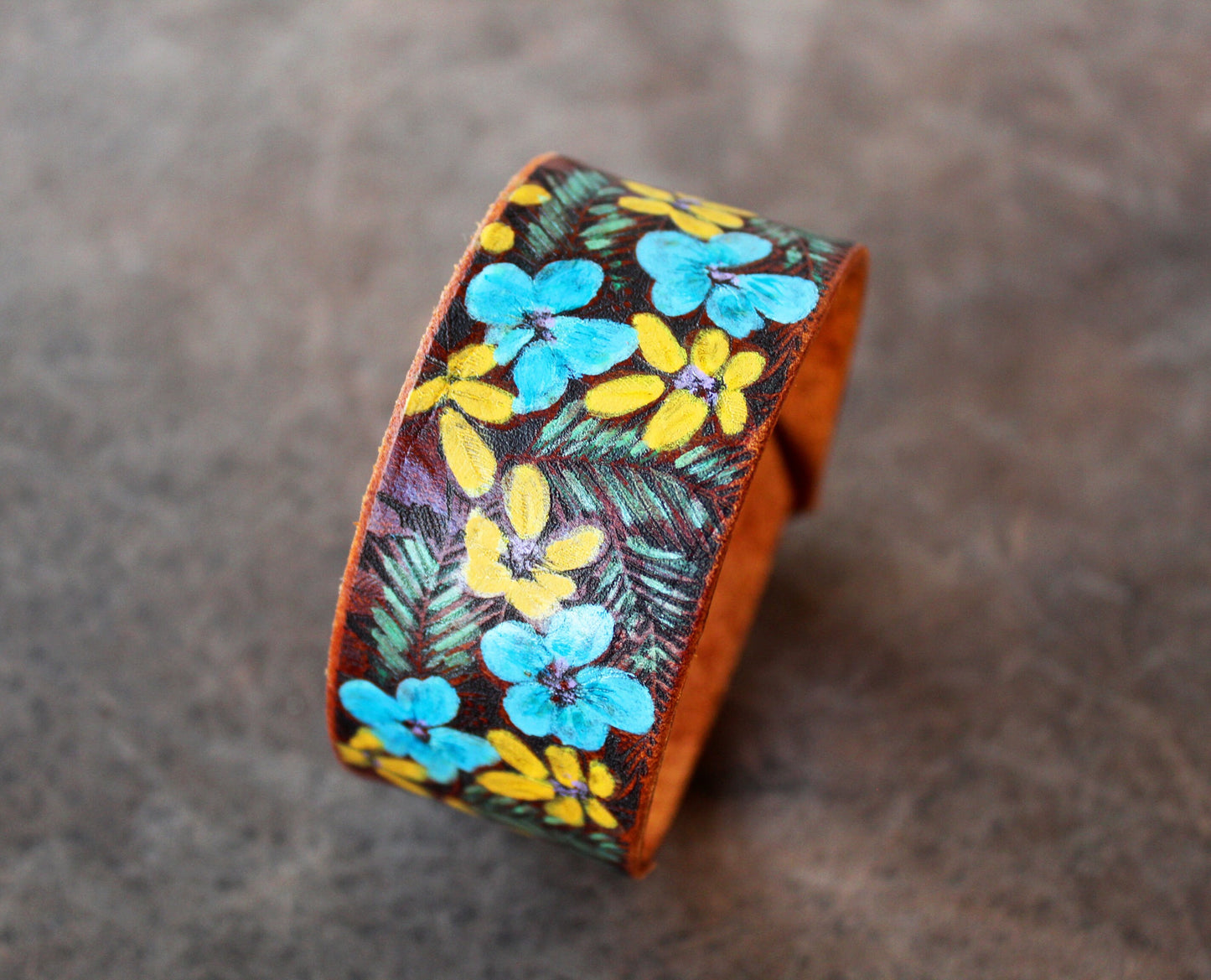 Hand Painted Tropical Flowers Leather Bracelet