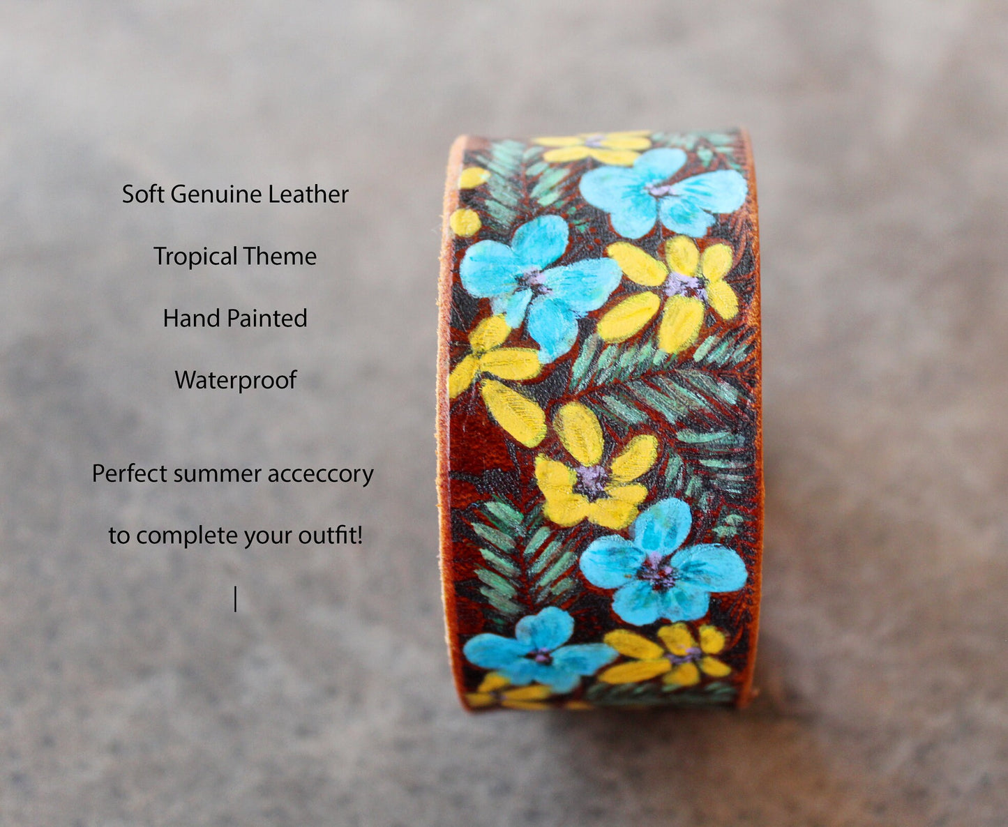 Hand Painted Tropical Flowers Leather Bracelet