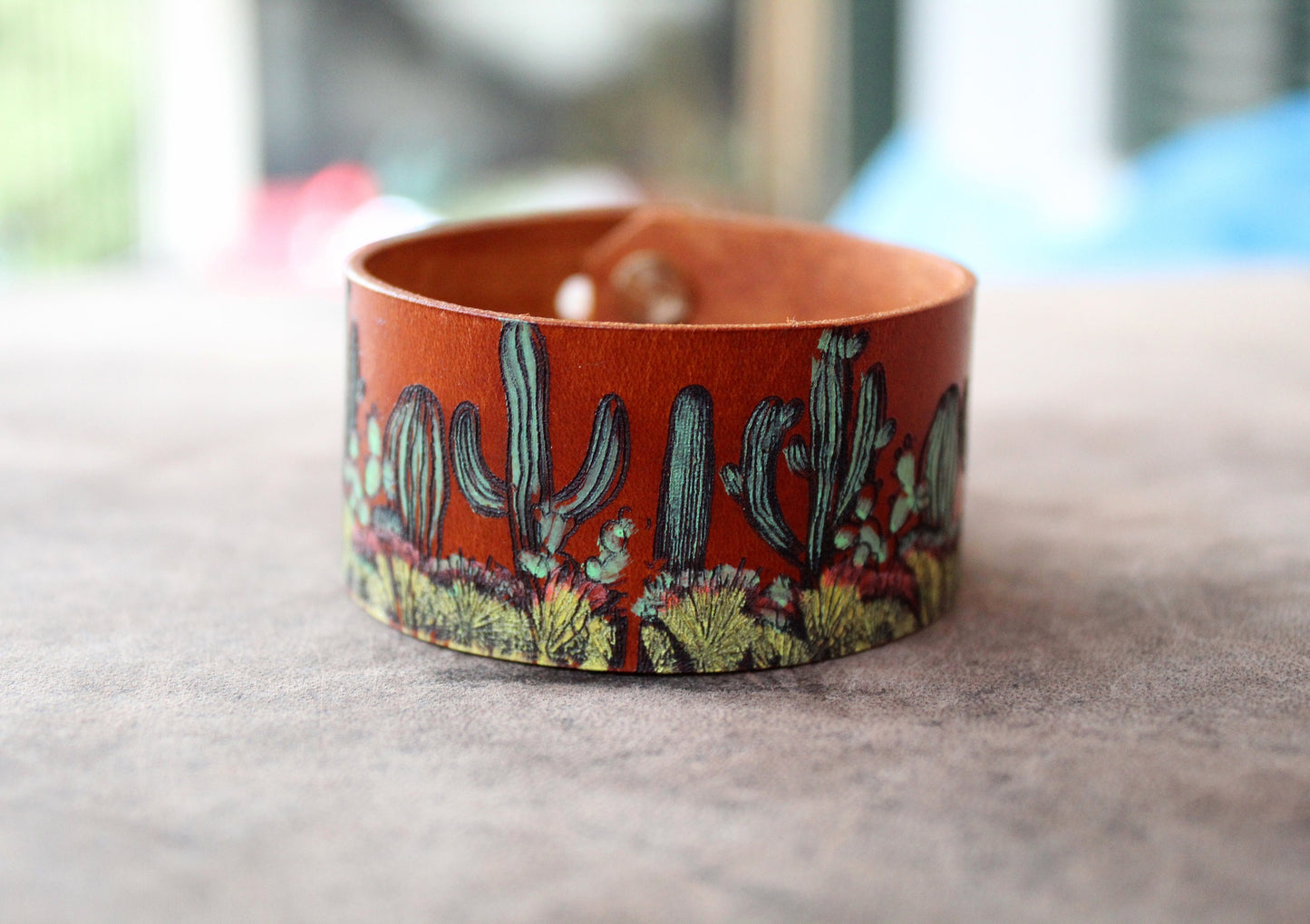 Hand Painted Cactus Leather Bracelet