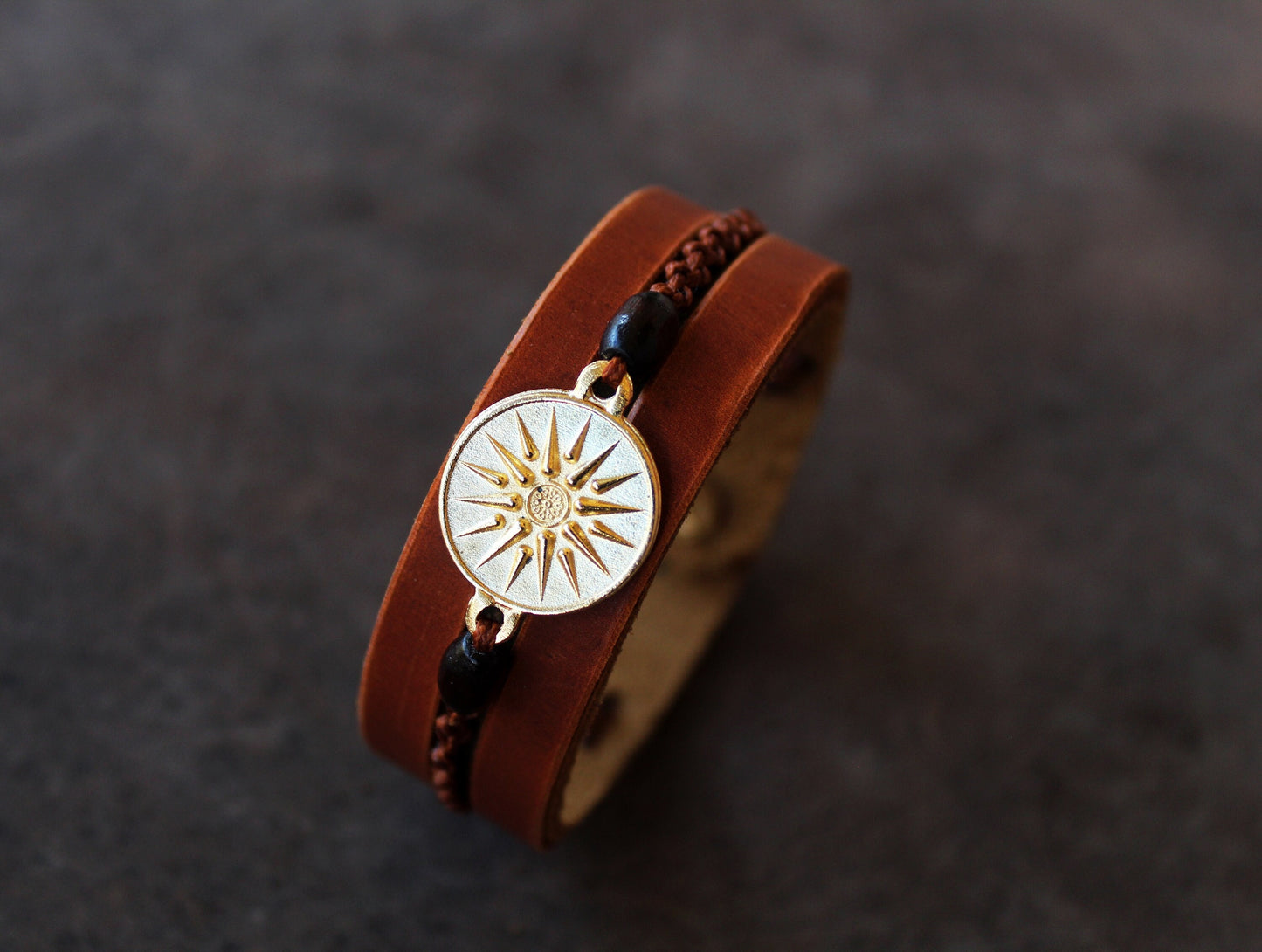 Gold Vergina Sun Leather Bracelet