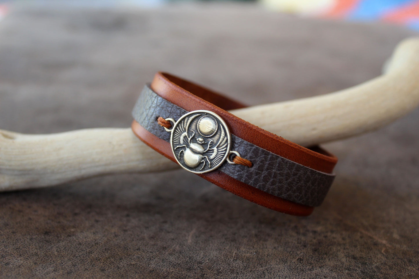 Scarab Leather Bracelet, Gray