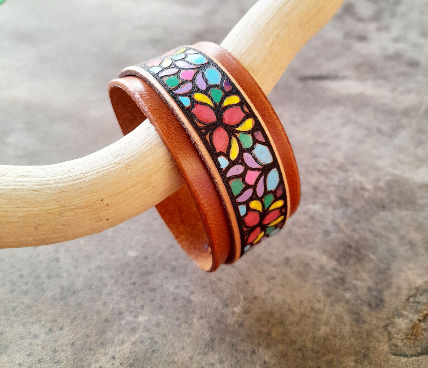 Hand Painted Abstract Floral Leather Bracelet, Stained Glass Style