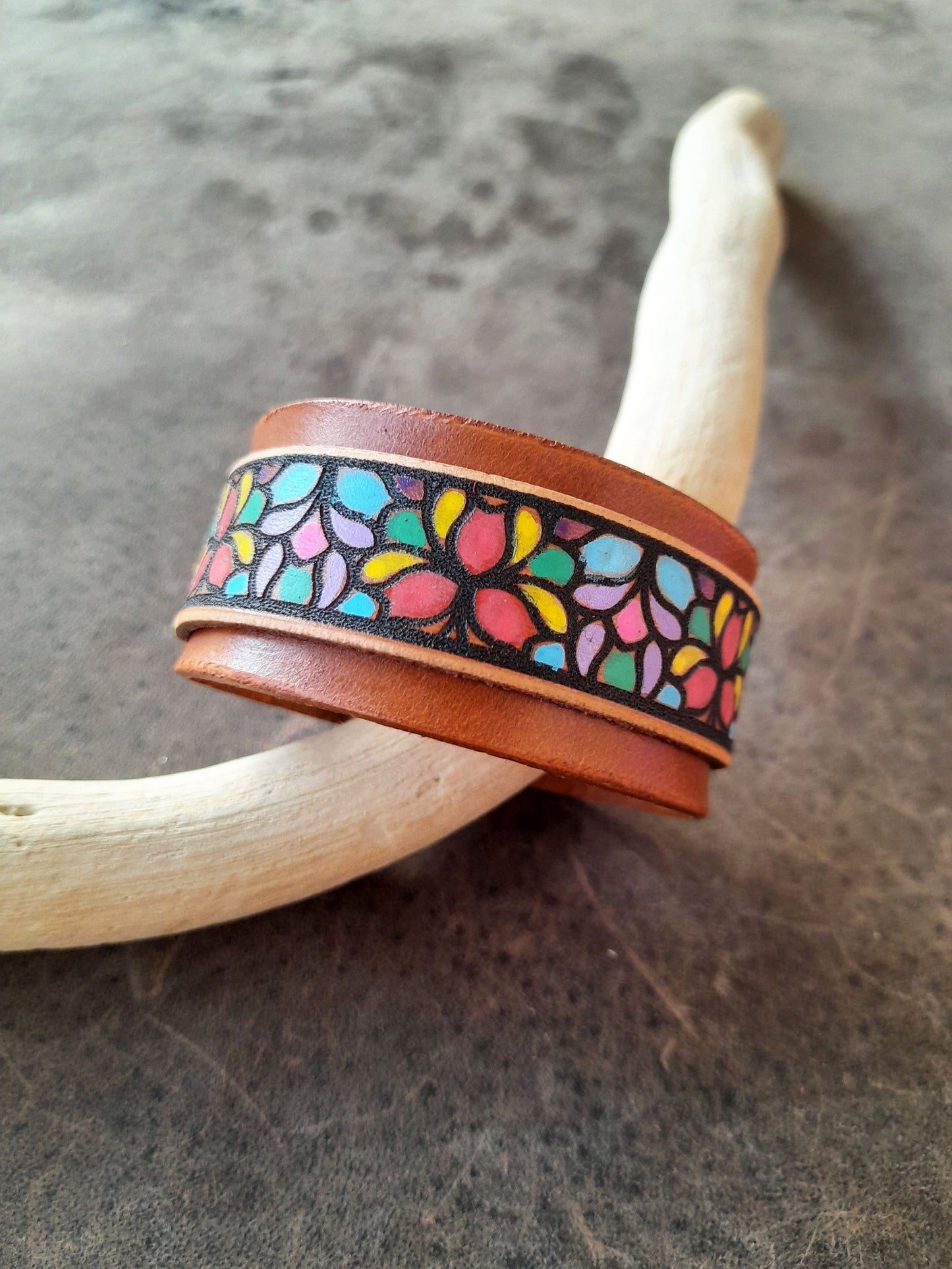 Hand Painted Abstract Floral Leather Bracelet, Stained Glass Style