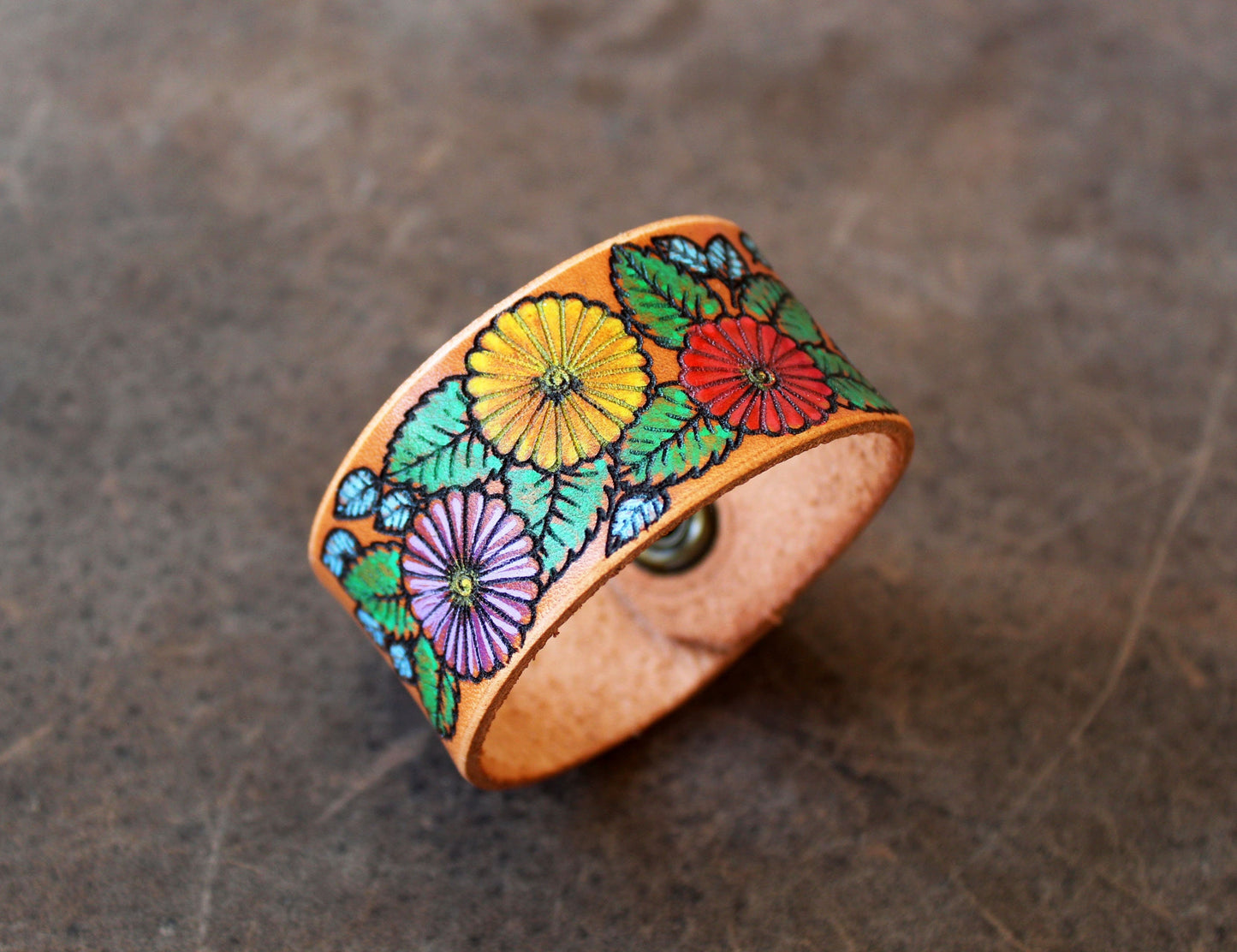 Colorful Hand Painted Floral Leather Bracelet