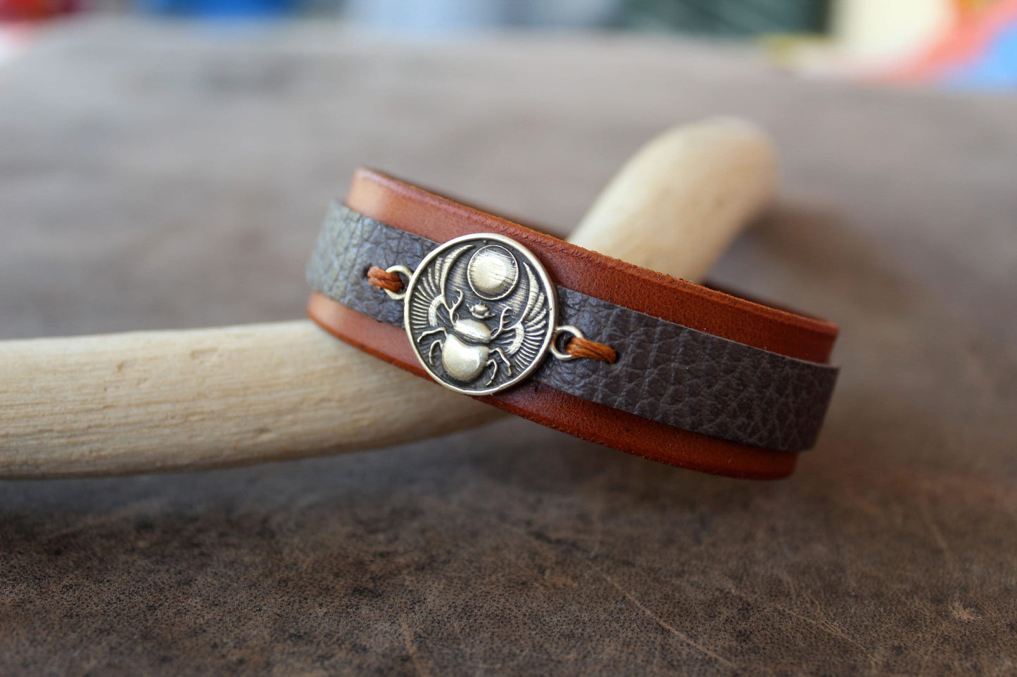 Scarab Leather Bracelet, Gray