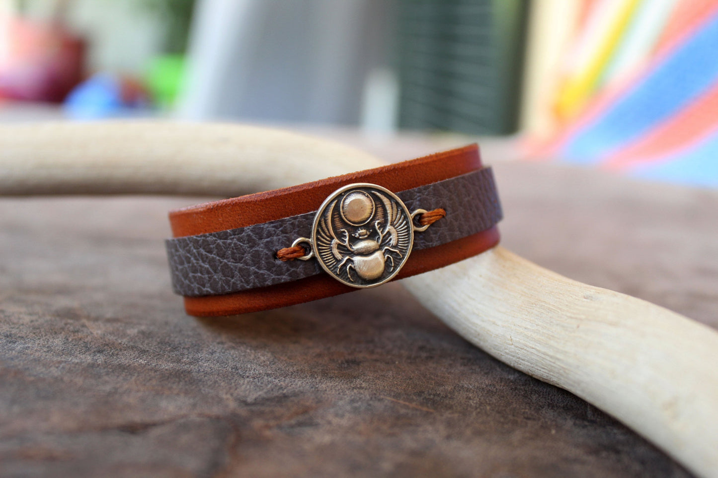 Scarab Leather Bracelet, Gray