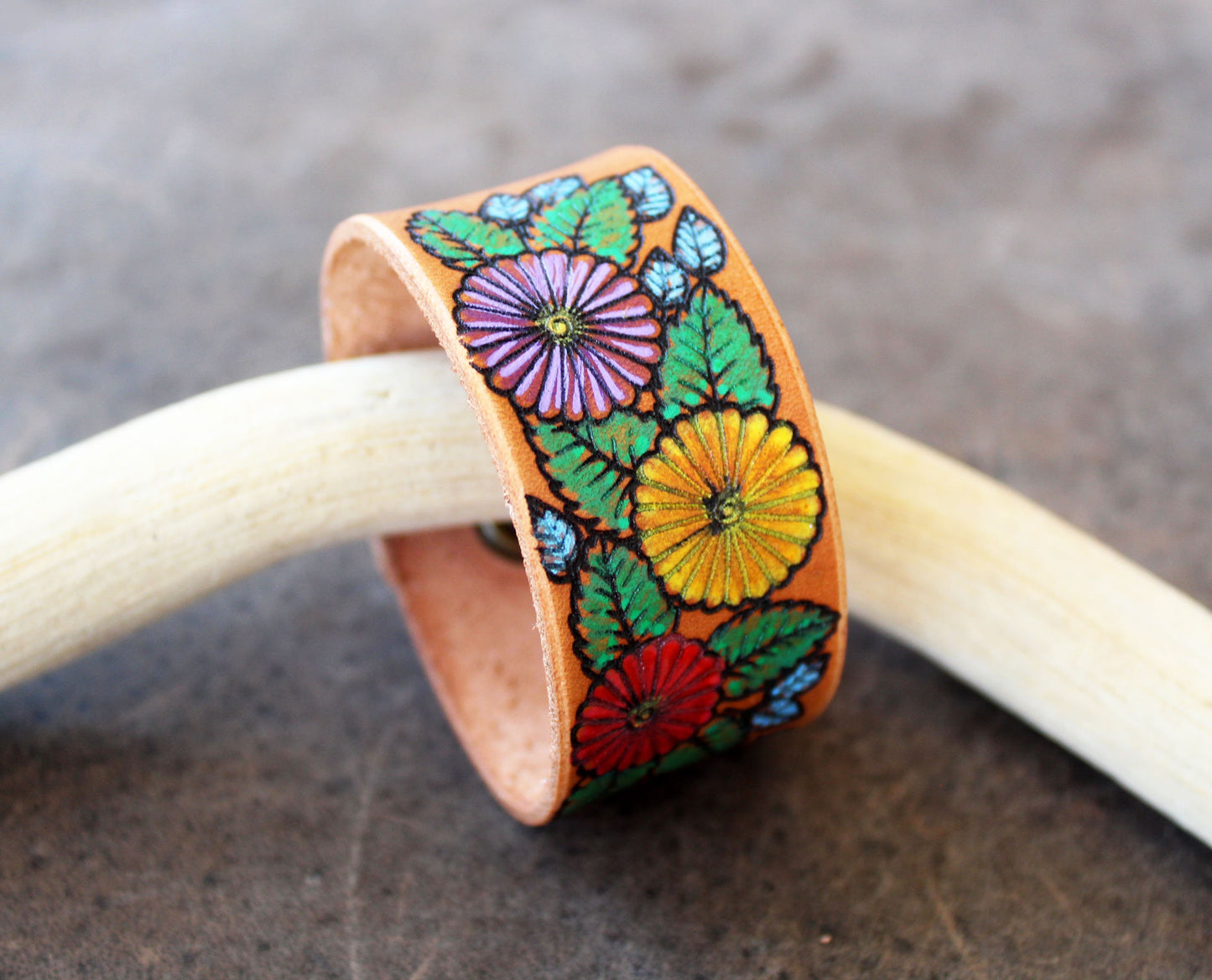 Colorful Hand Painted Floral Leather Bracelet