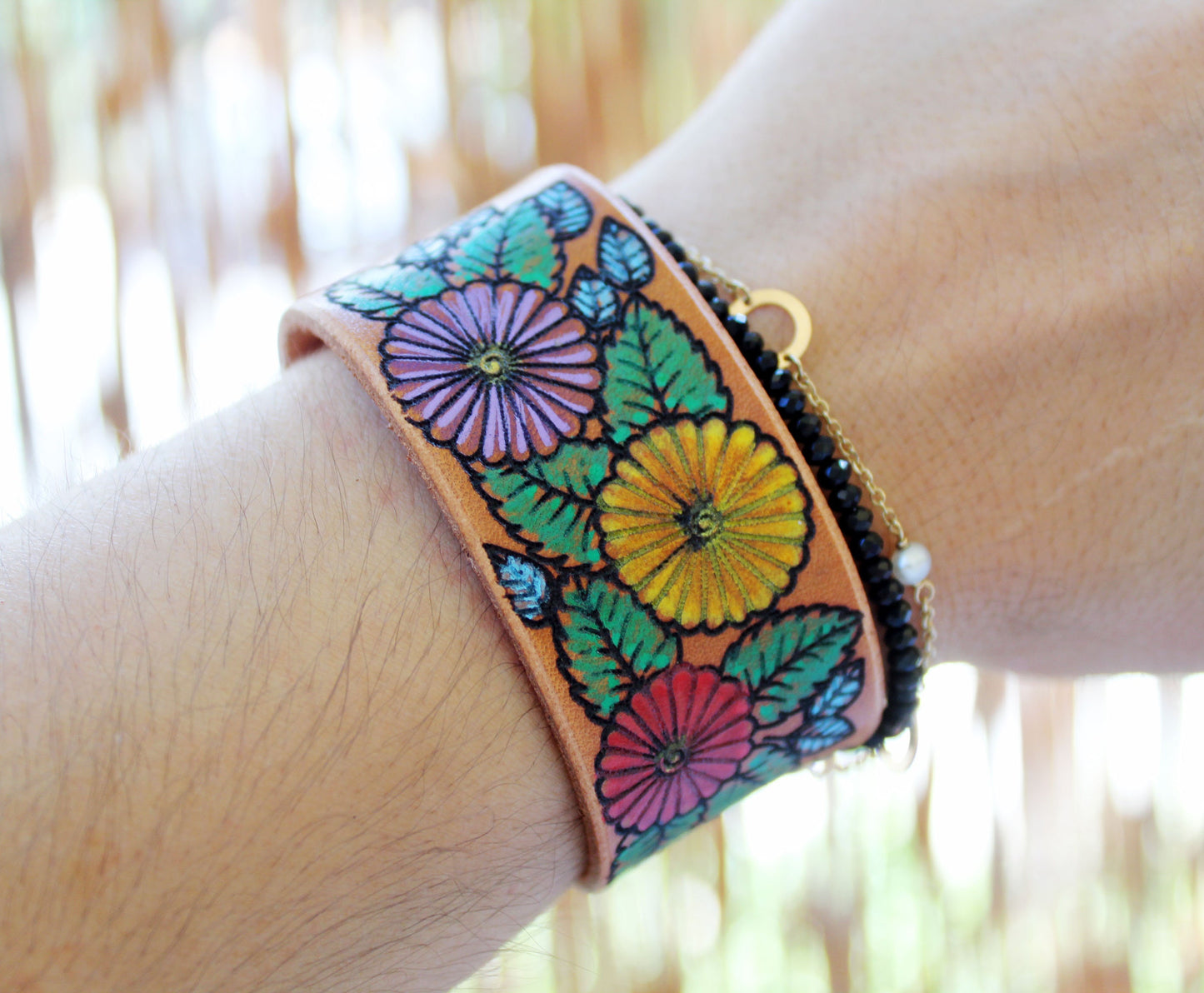 Colorful Hand Painted Floral Leather Bracelet