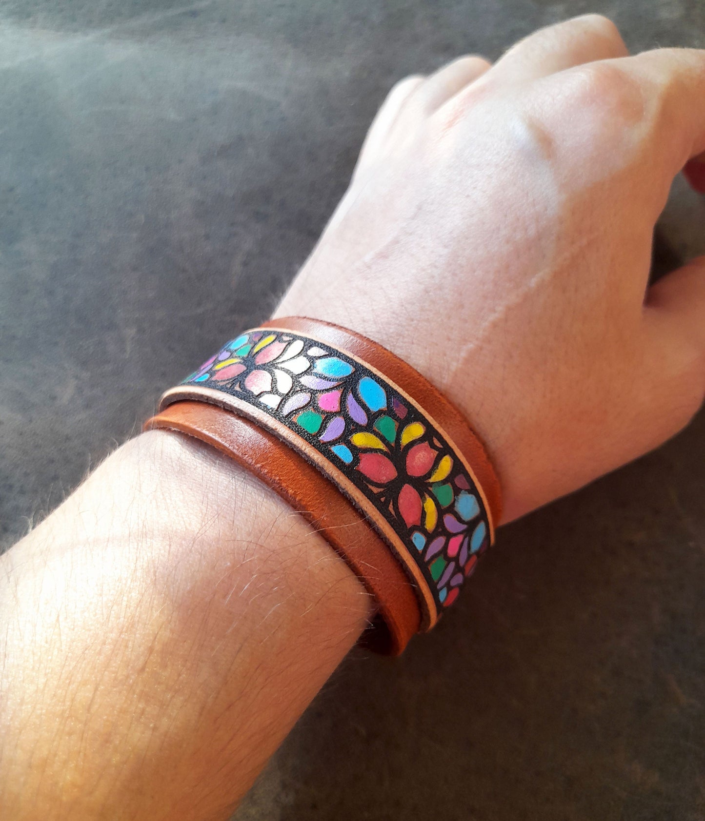 Hand Painted Abstract Floral Leather Bracelet, Stained Glass Style