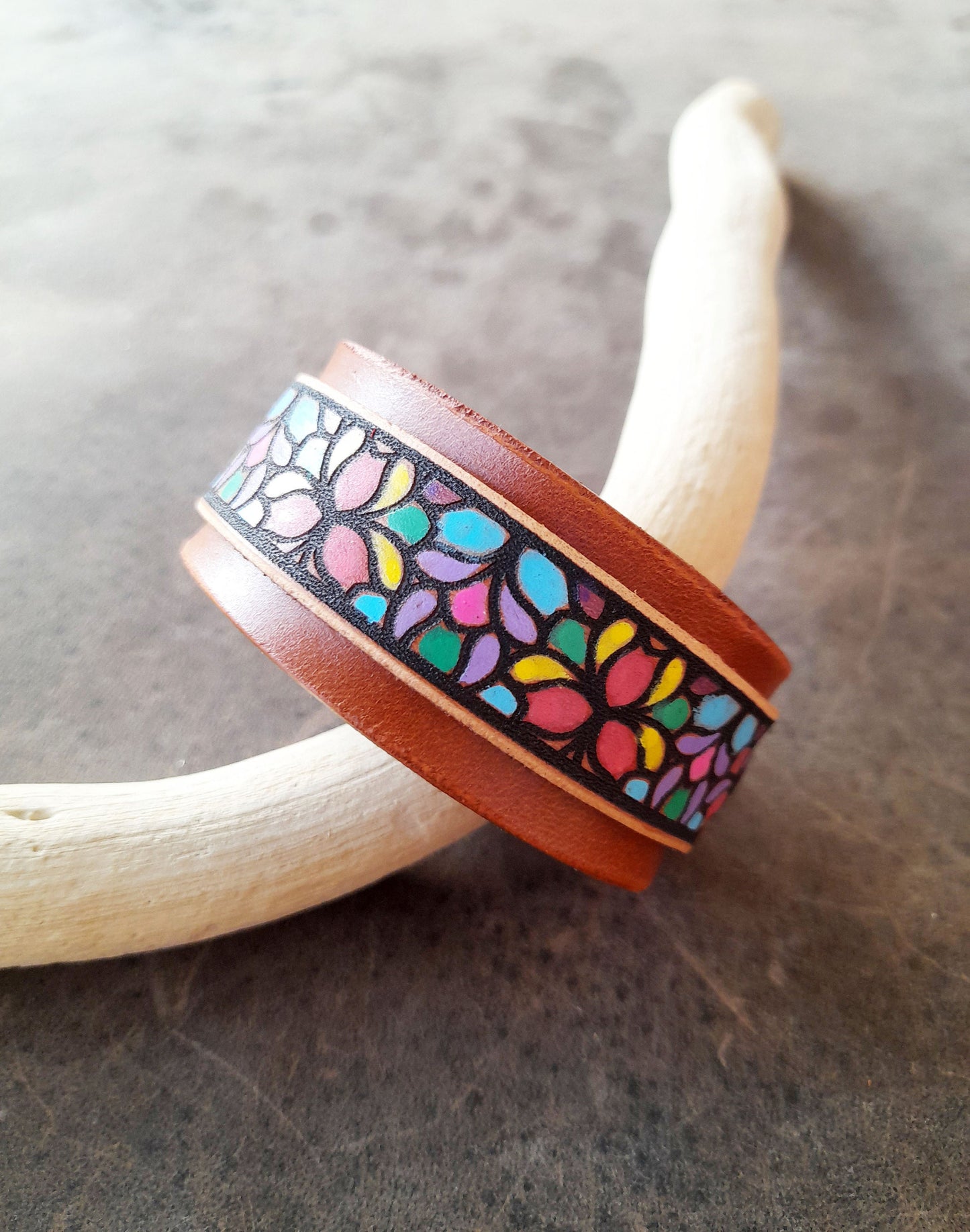 Hand Painted Abstract Floral Leather Bracelet, Stained Glass Style