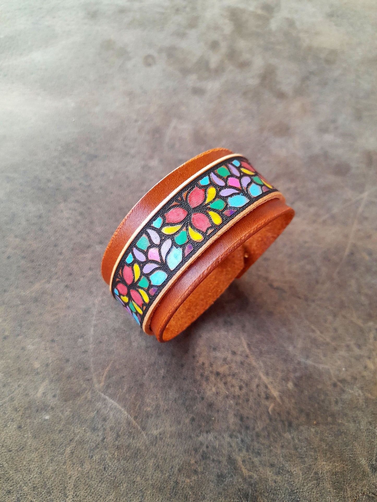 Hand Painted Abstract Floral Leather Bracelet, Stained Glass Style