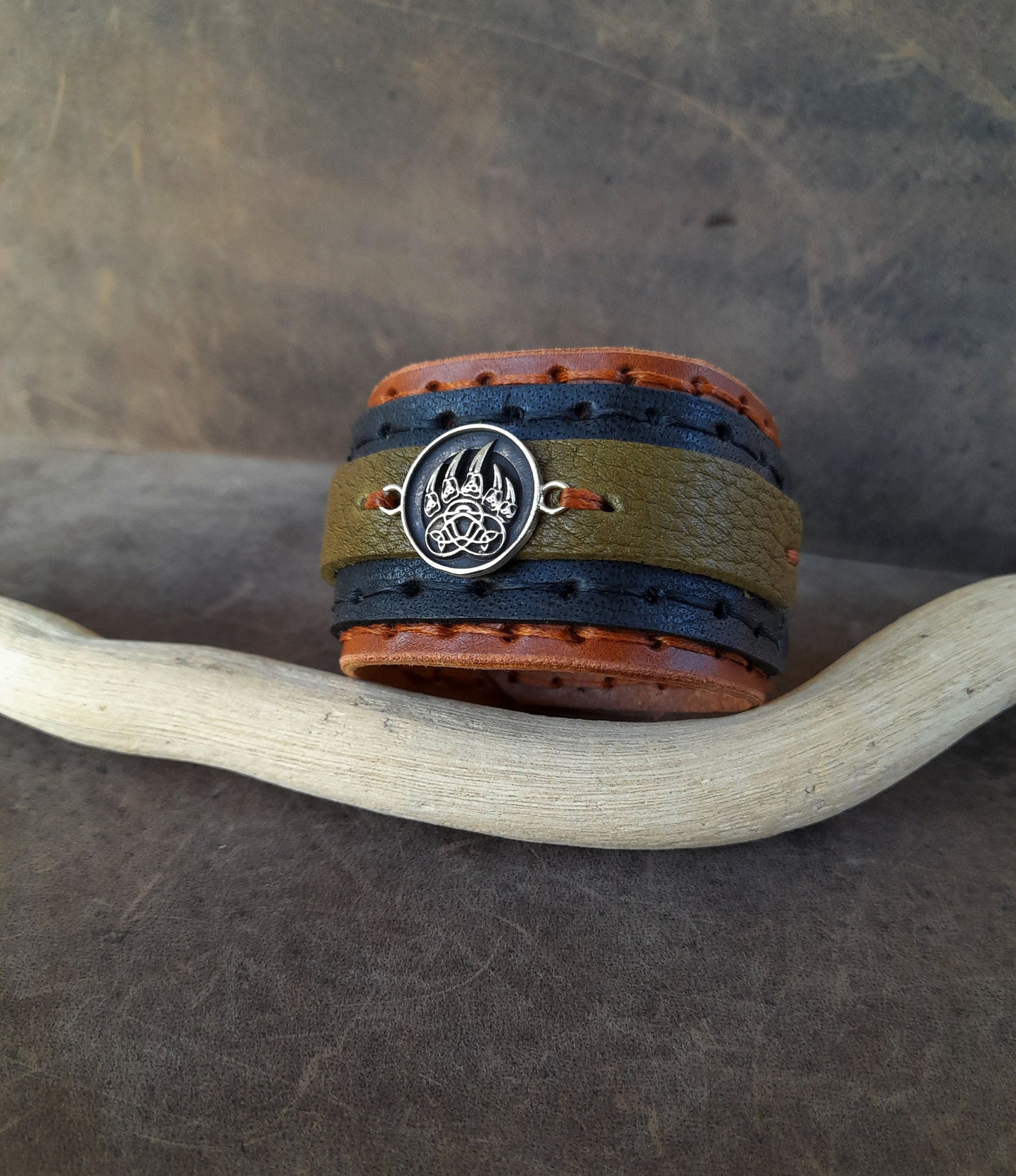 Tribal Bear Claw Wide Leather Cuff Bracelet