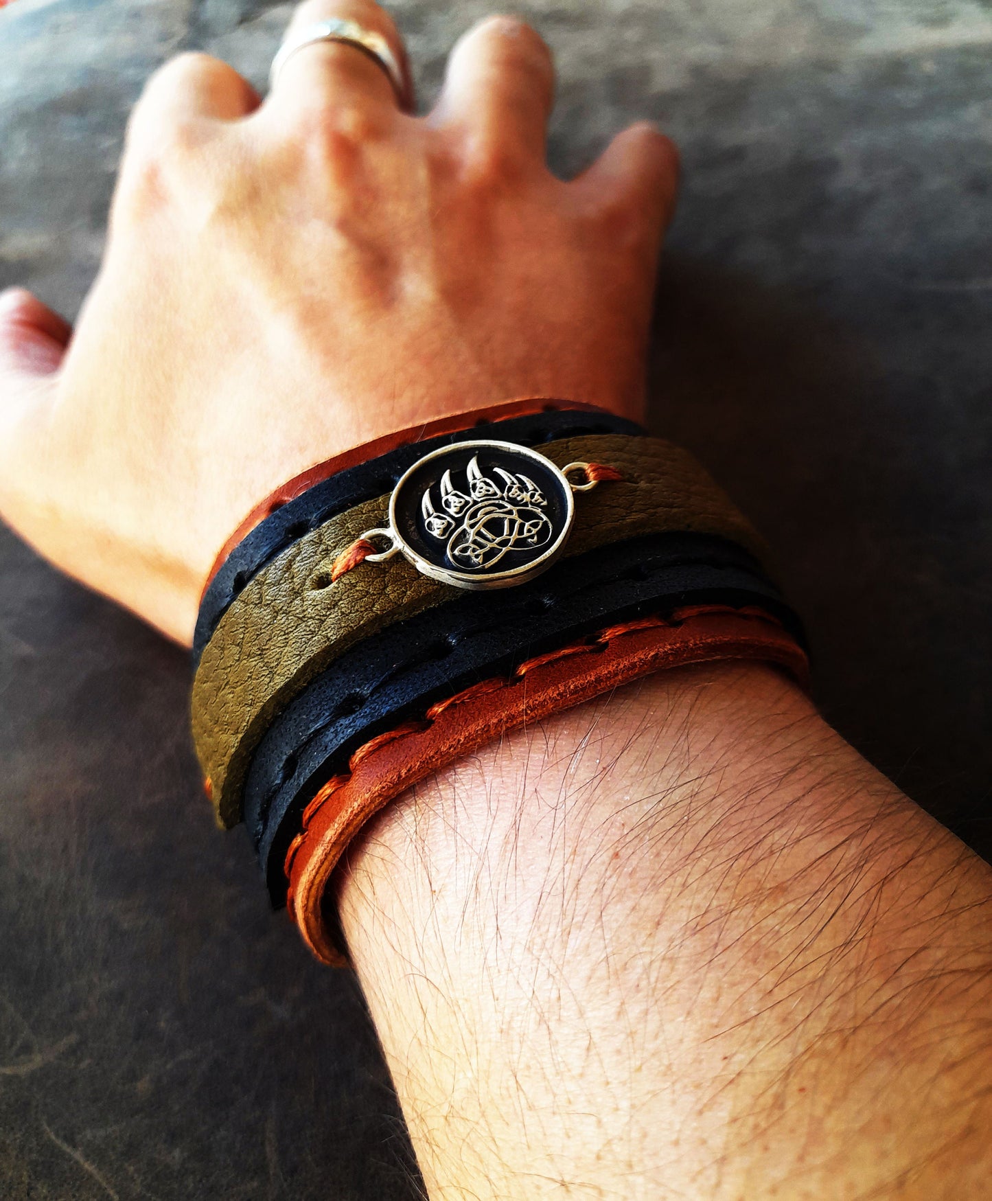 Tribal Bear Claw Wide Leather Cuff Bracelet