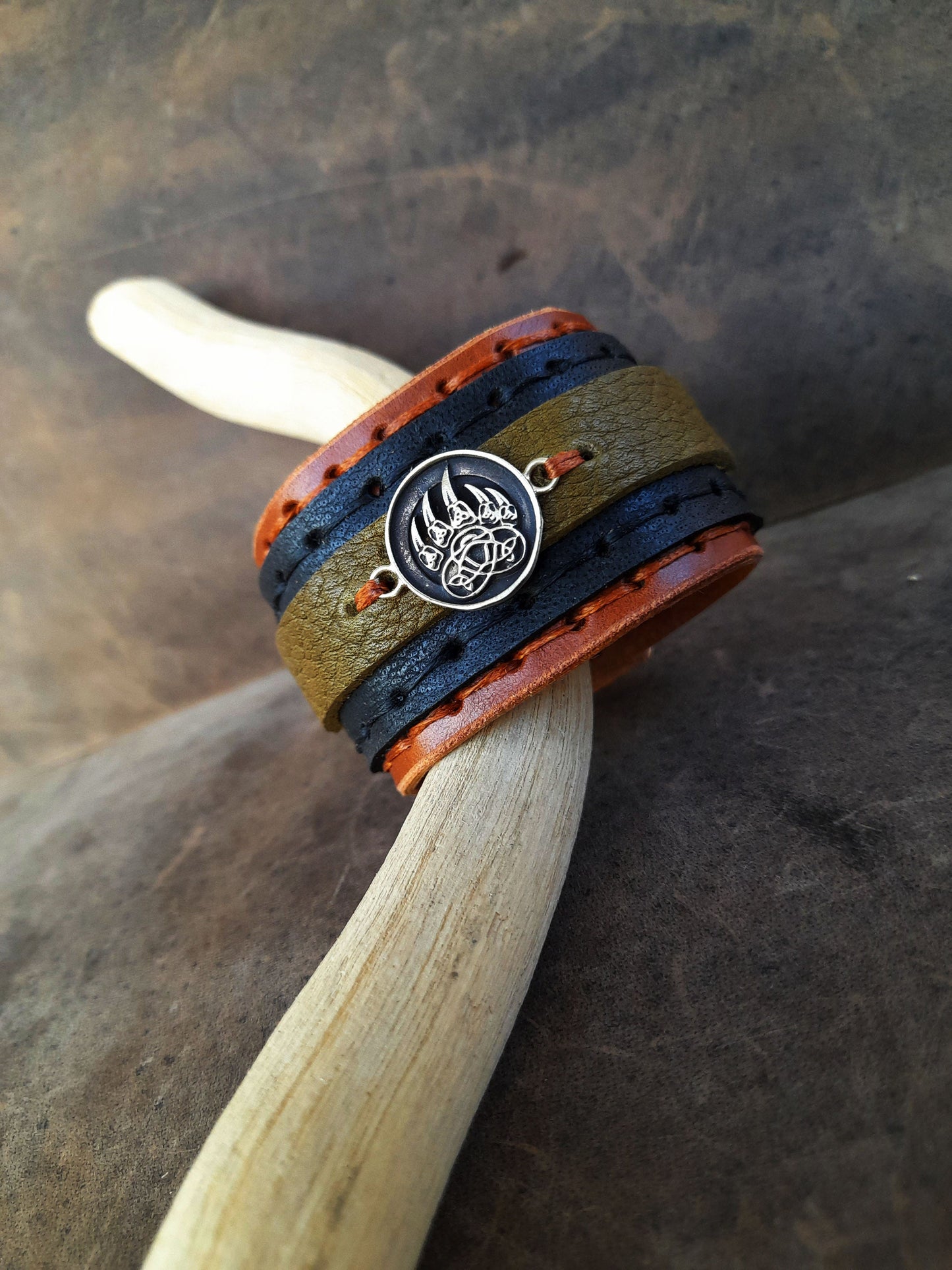 Tribal Bear Claw Wide Leather Cuff Bracelet